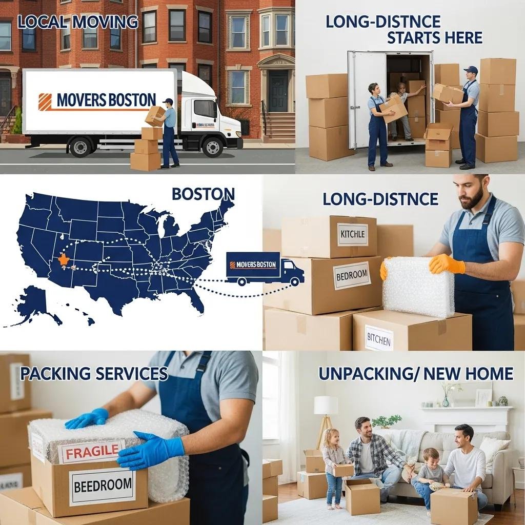 Collage of moving services including local and long-distance moving, and packing assistance