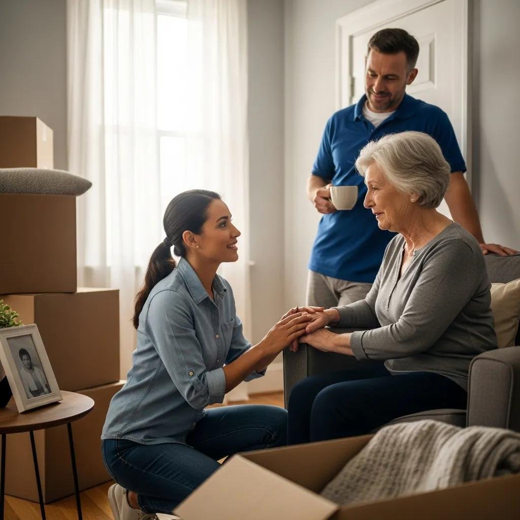 Compassionate moving team providing emotional support to a senior client during their relocation