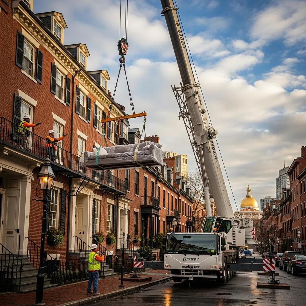 Crane lifting oversized furniture in Boston, showcasing urban moving services