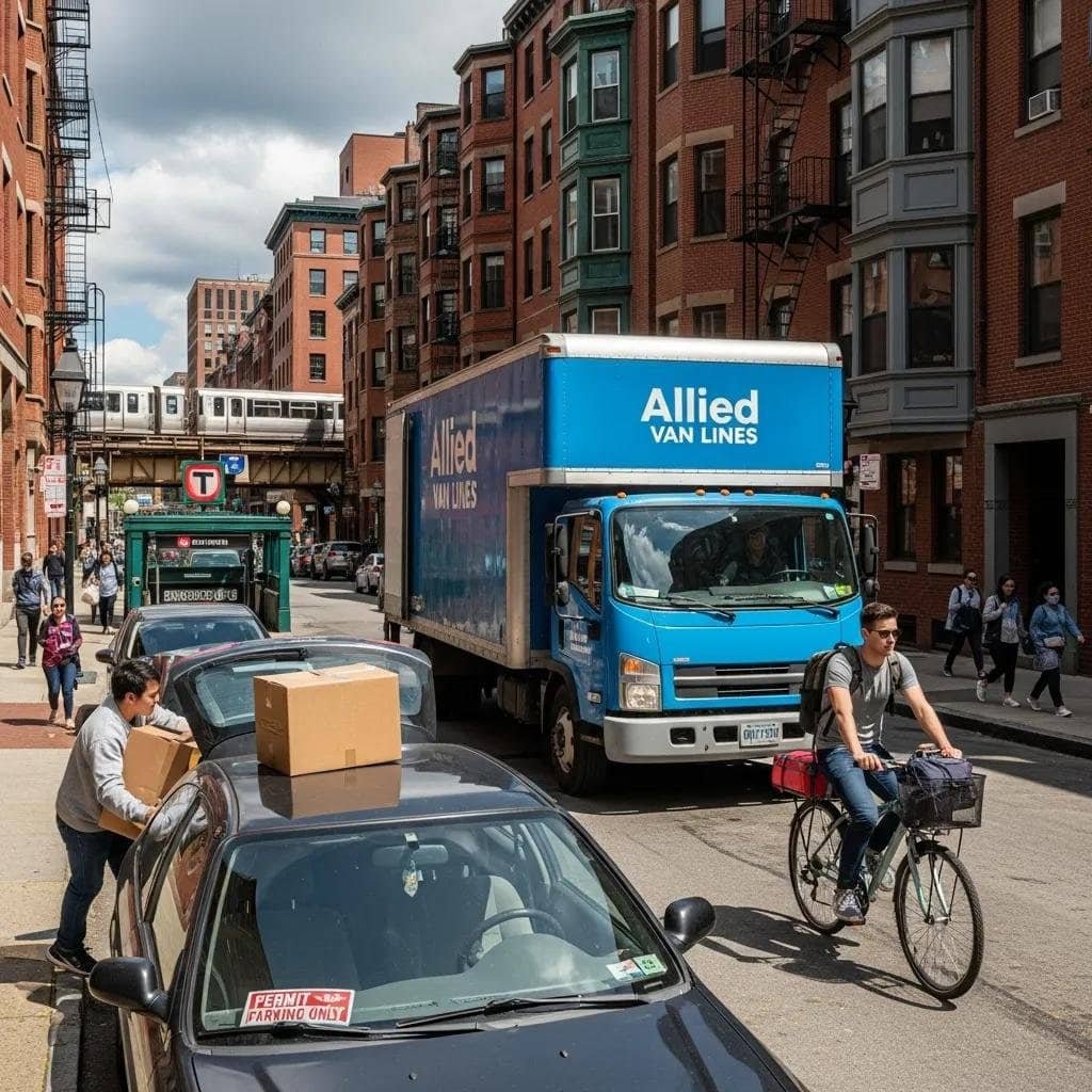 Moving truck parked on a Boston street alongside a bike, showing transportation options for moves
