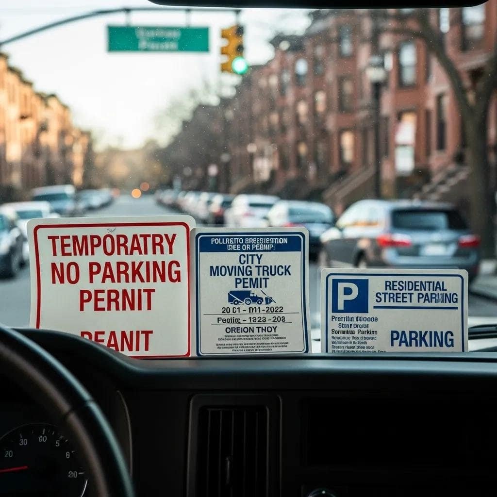 Close-up of parking permits on a moving truck dashboard in Boston