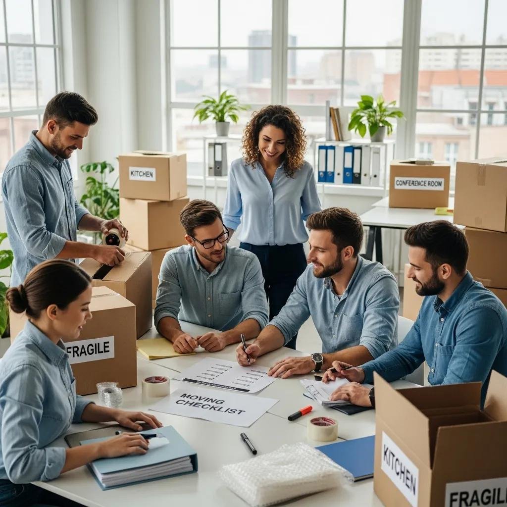Employees collaborating on a moving checklist in an office