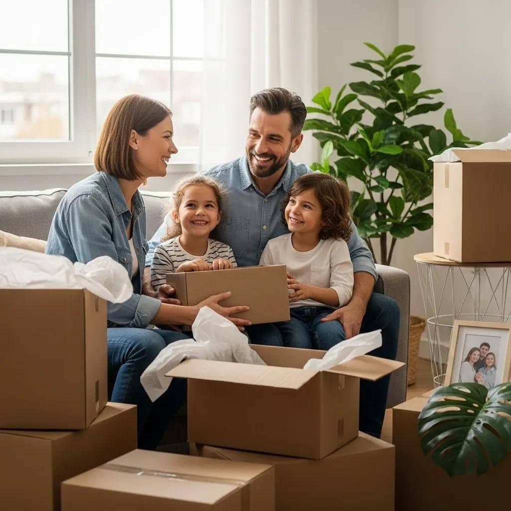 Happy family in their new home, expressing satisfaction with their moving experience