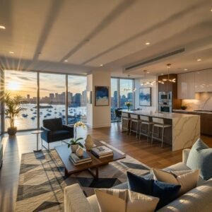 Luxury apartment in Boston's Seaport District with modern furnishings and waterfront view