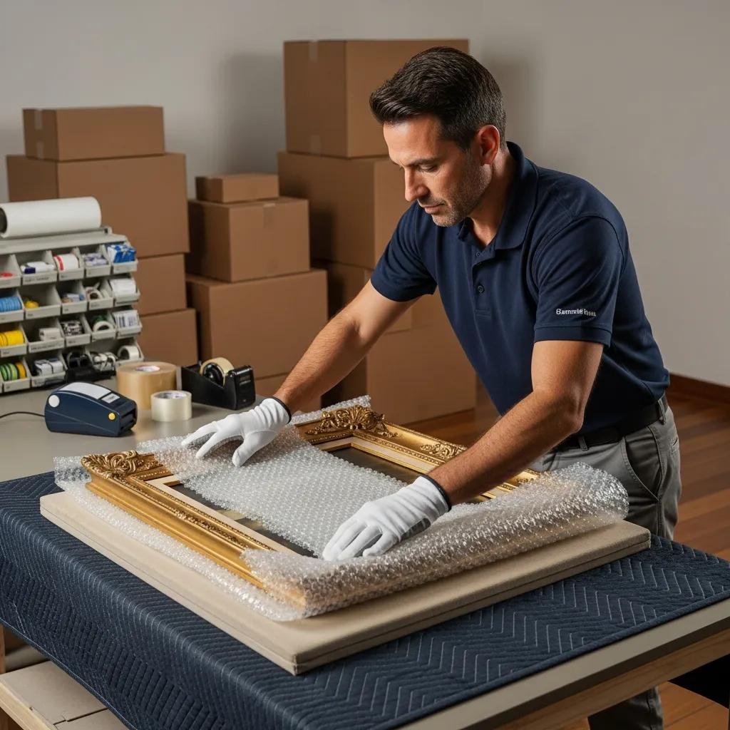 Luxury mover wrapping fine art with specialized packing materials