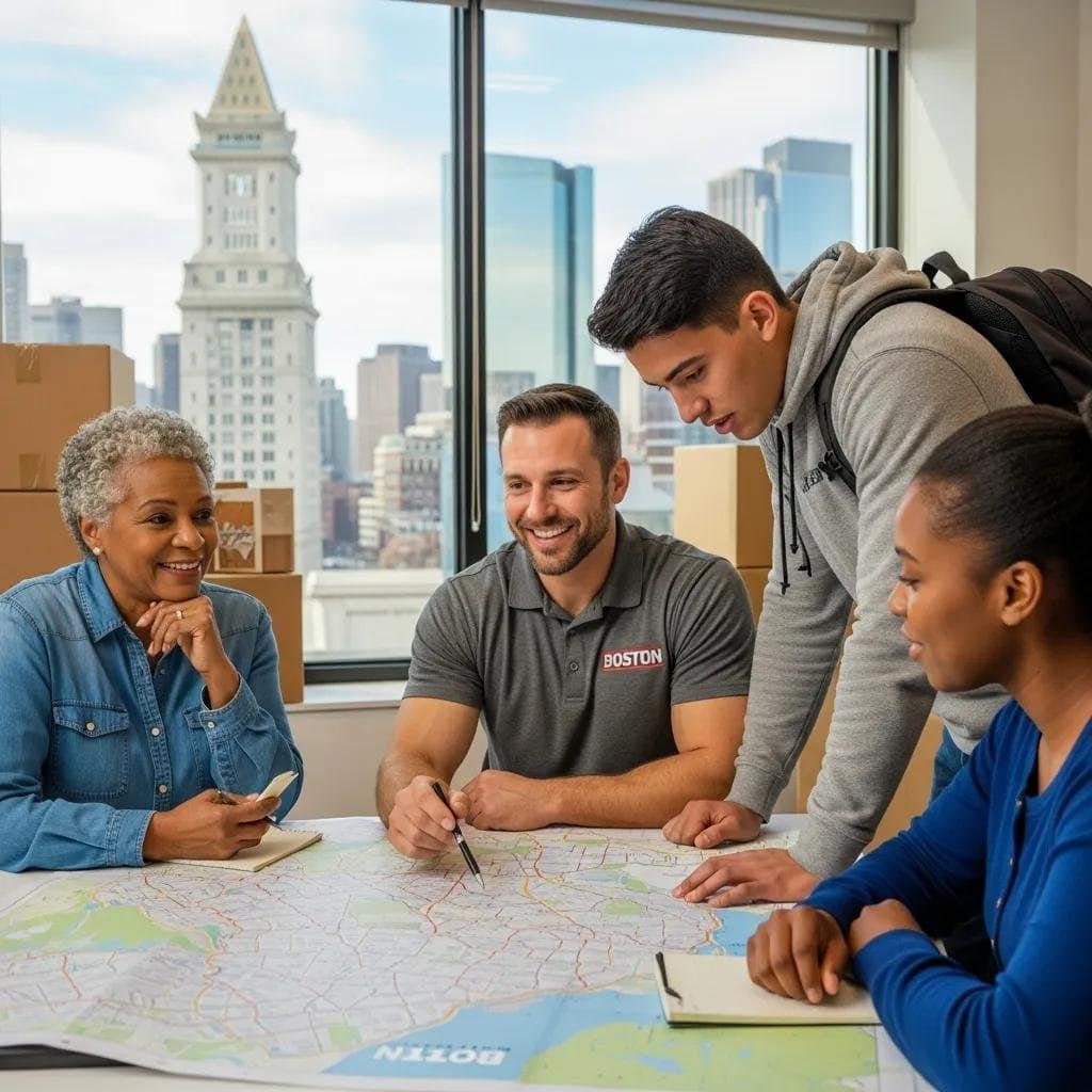 Mover discussing Boston neighborhoods with a college student and senior citizen