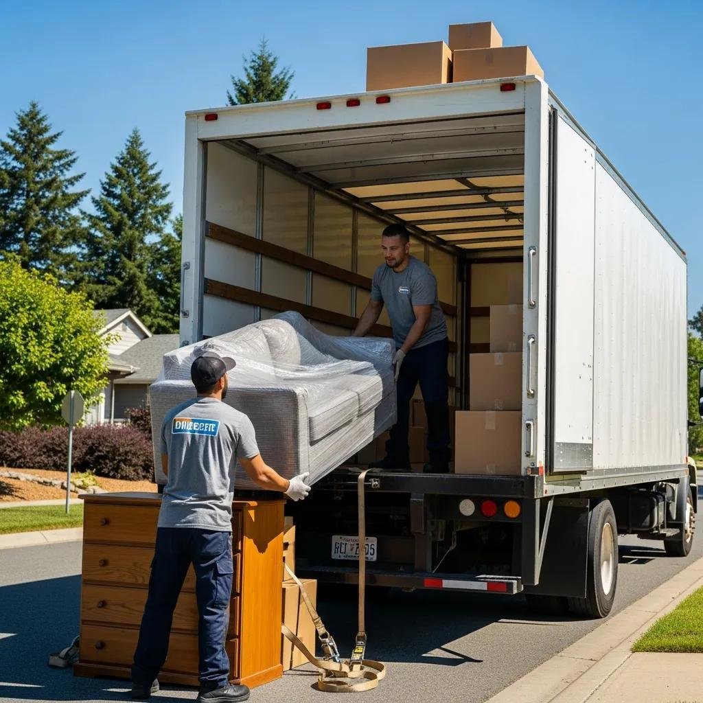 Movers loading a truck with furniture and boxes, illustrating effective loading techniques