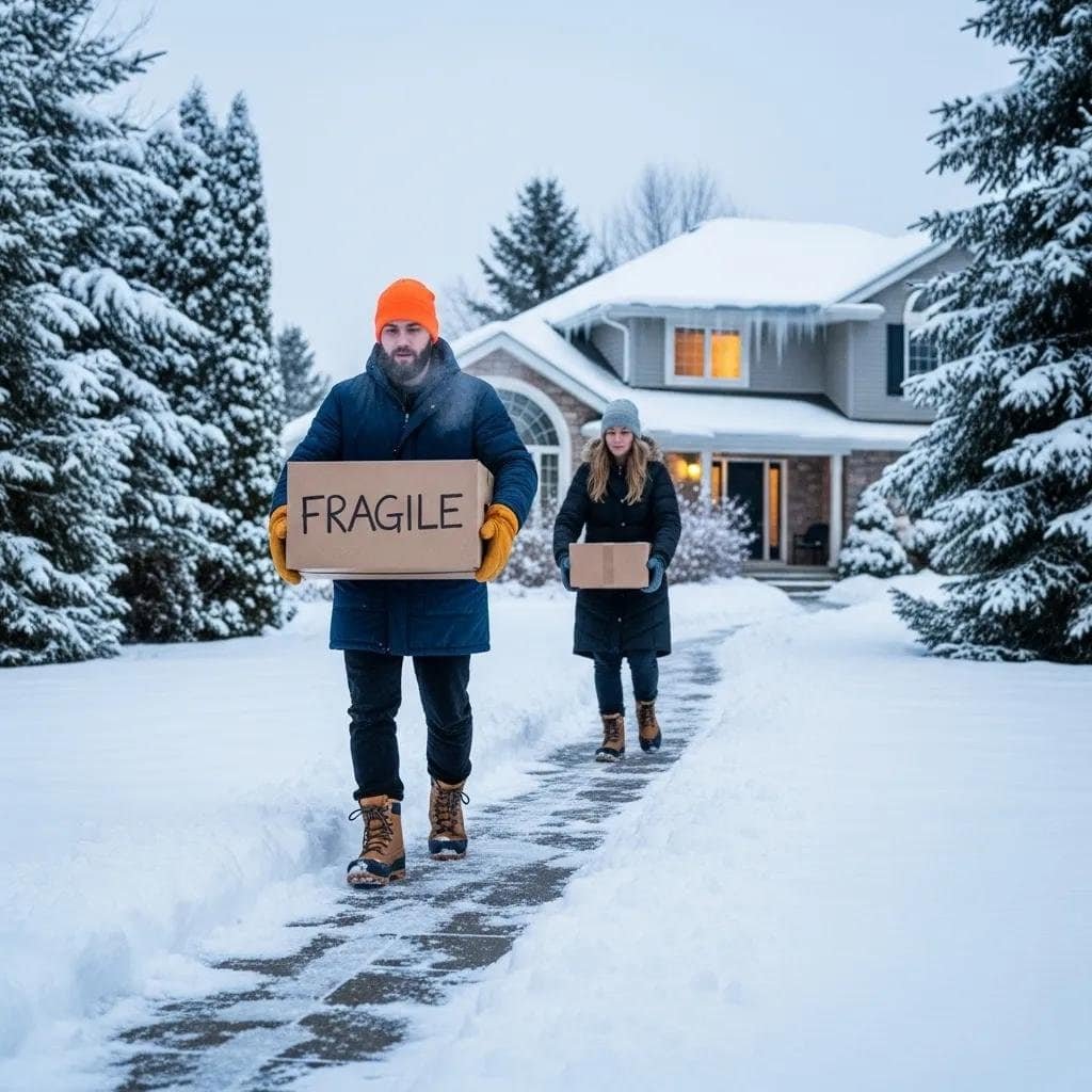 Movers navigating a snowy pathway while carrying boxes during a winter move in Boston