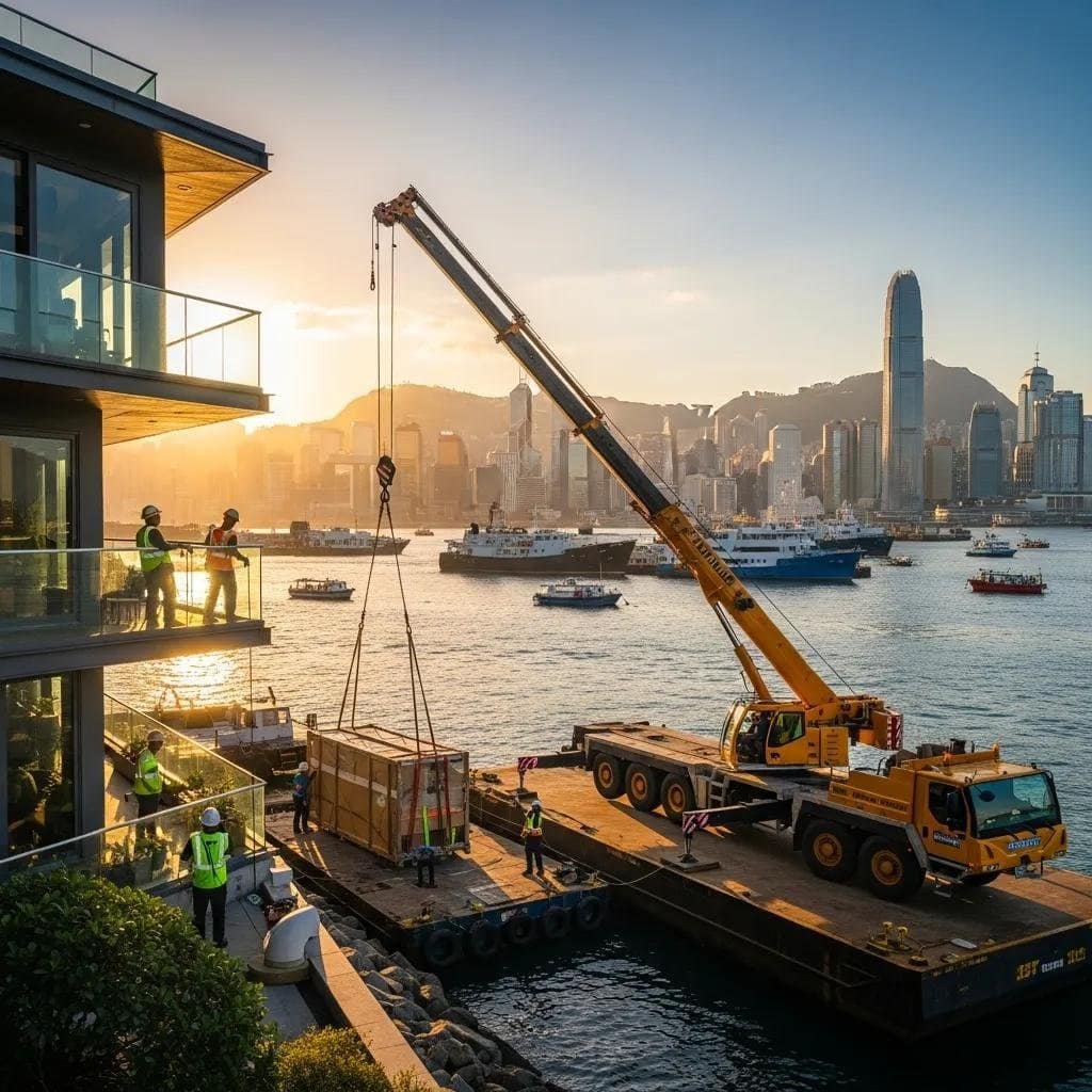 Movers using crane for waterfront relocation with harbor and city skyline