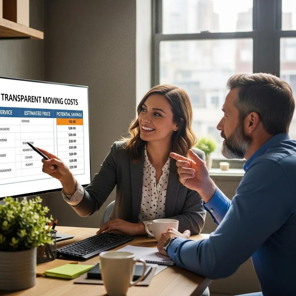 Moving consultant explaining pricing options to a customer in an office
