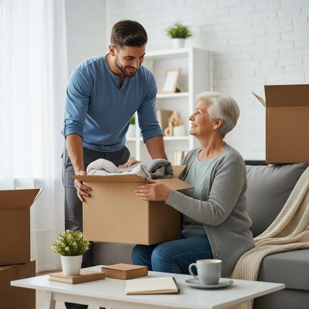 Moving professional assisting a senior citizen with packing, emphasizing compassionate senior moving services