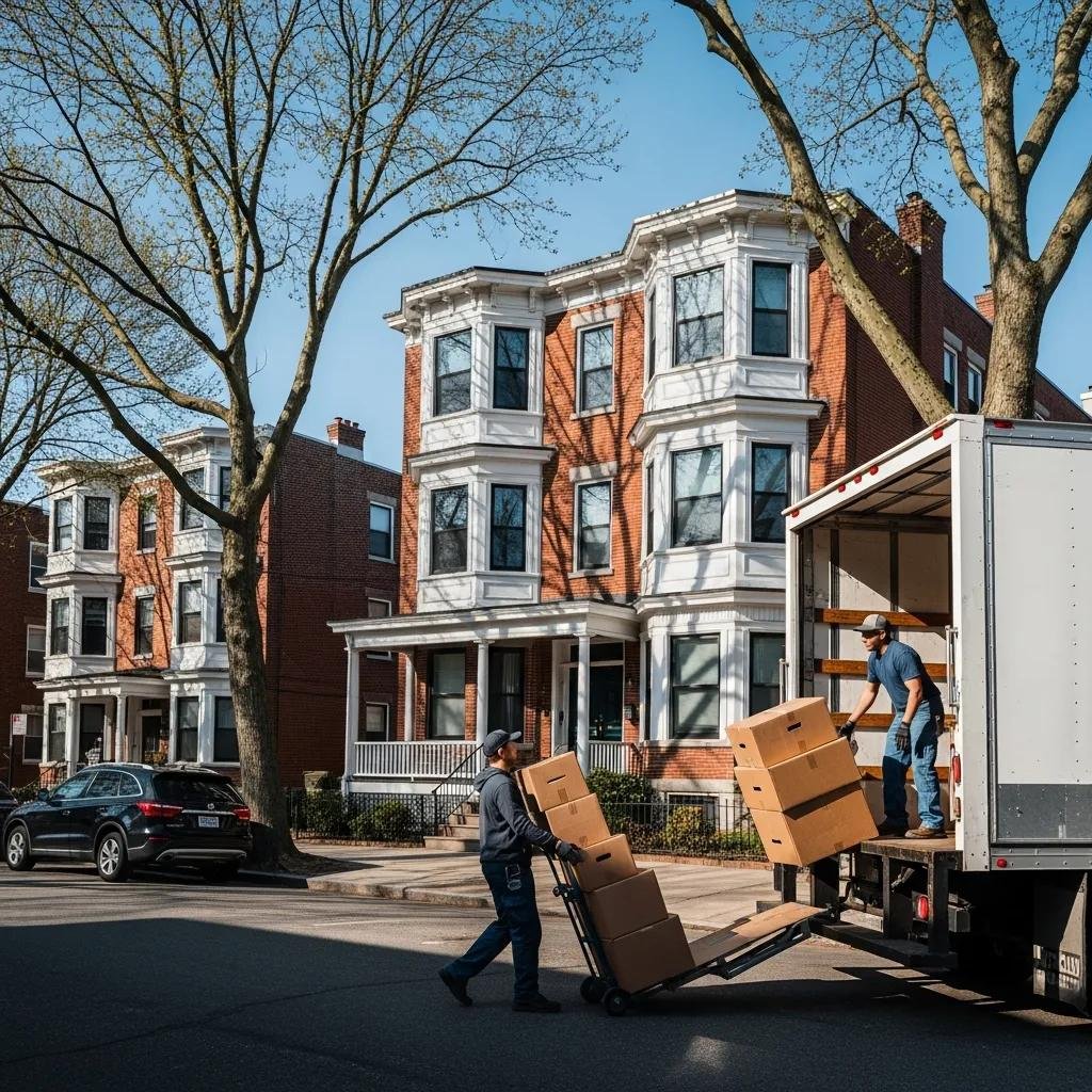 Moving truck in front of a Dorchester triple-decker home, illustrating local moving services