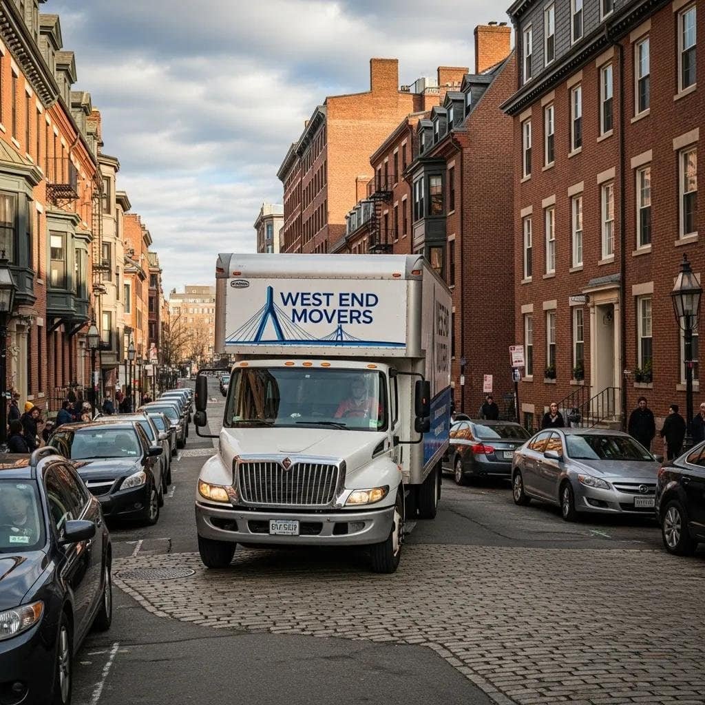 Moving truck navigating Boston's narrow streets, illustrating local expertise in urban relocations
