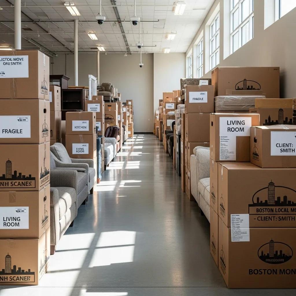 Organized storage facility with boxes and furniture, highlighting storage solutions for apartment moving in Boston