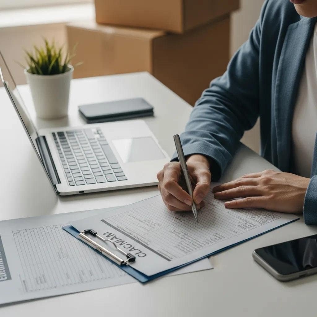 Person completing a moving claim form with documentation on a desk