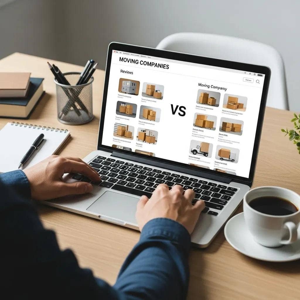 Person researching moving companies on a laptop at a desk