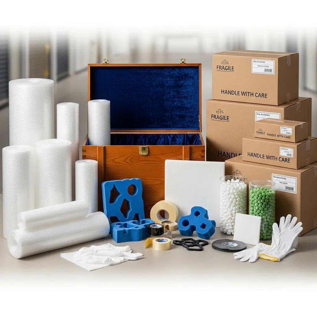 Premium packing materials including bubble wrap and custom crates for luxury moving