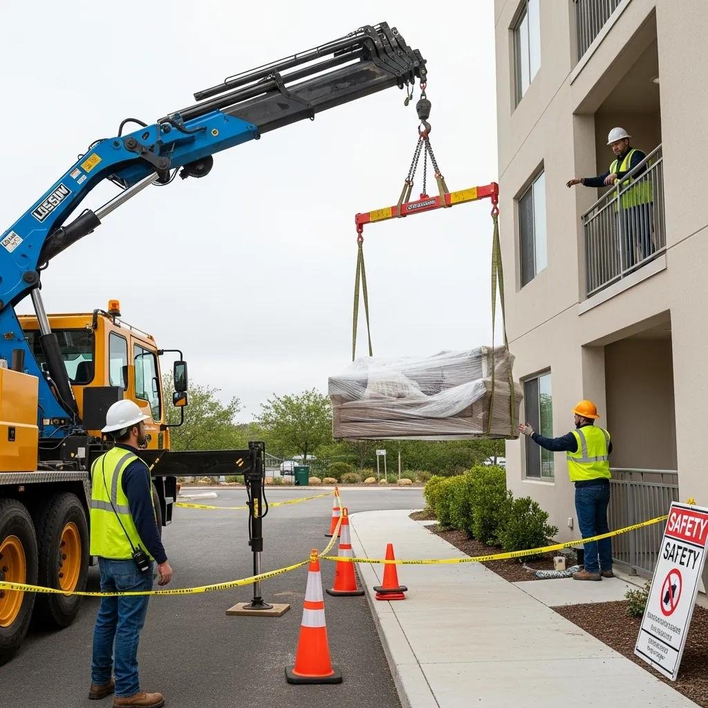 Process of furniture crane lifting with safety measures and rigging equipment