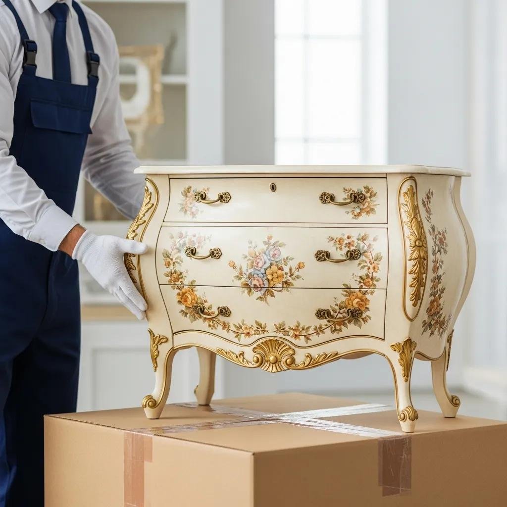 Professional mover handling a high-value antique piece in a luxurious home setting