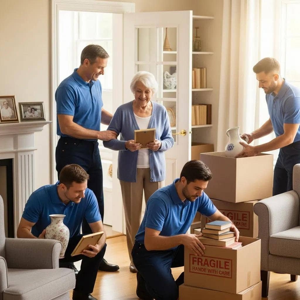 Professional movers assisting an elderly couple during their move with care and compassion
