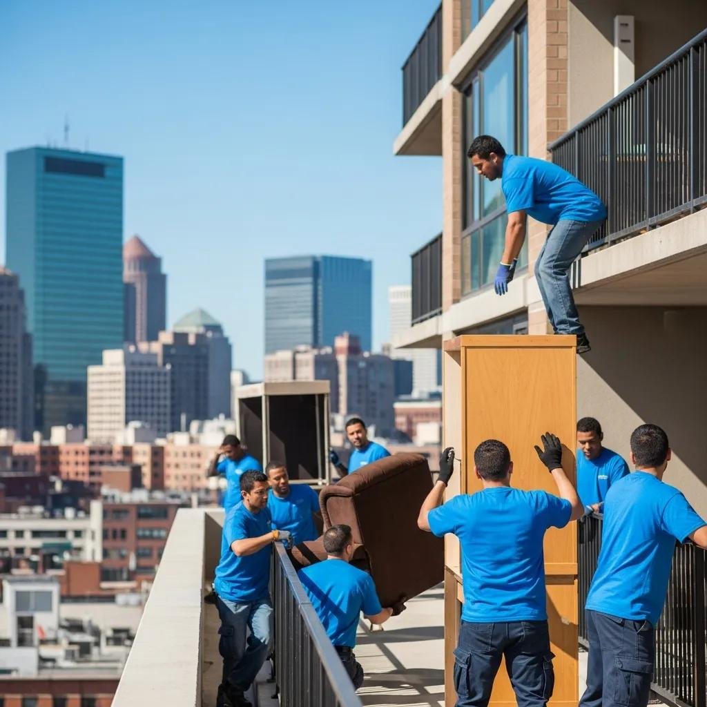 Professional movers navigating a high-rise apartment in Boston, showcasing expertise in relocation