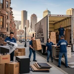 Professional office movers in Boston packing equipment for a business relocation