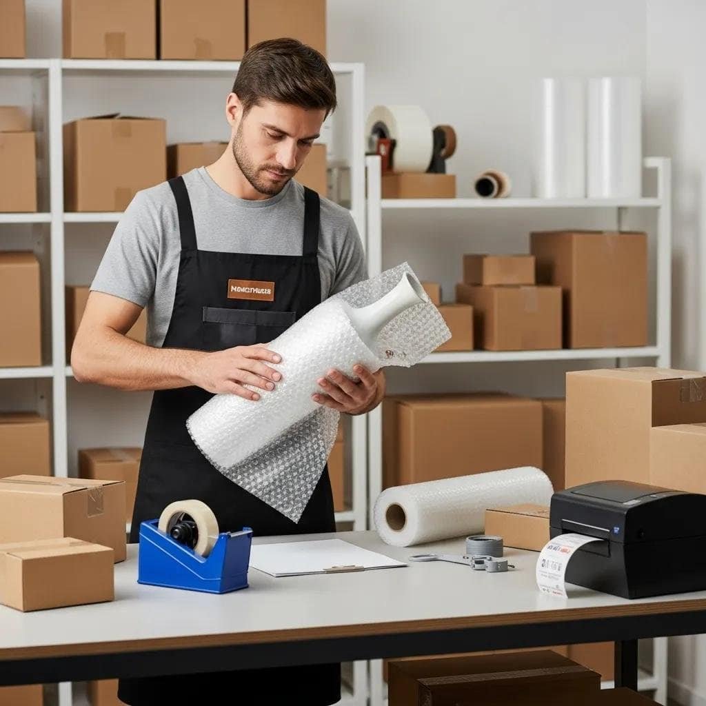 Professional packer wrapping fragile items for a move in Mattapan