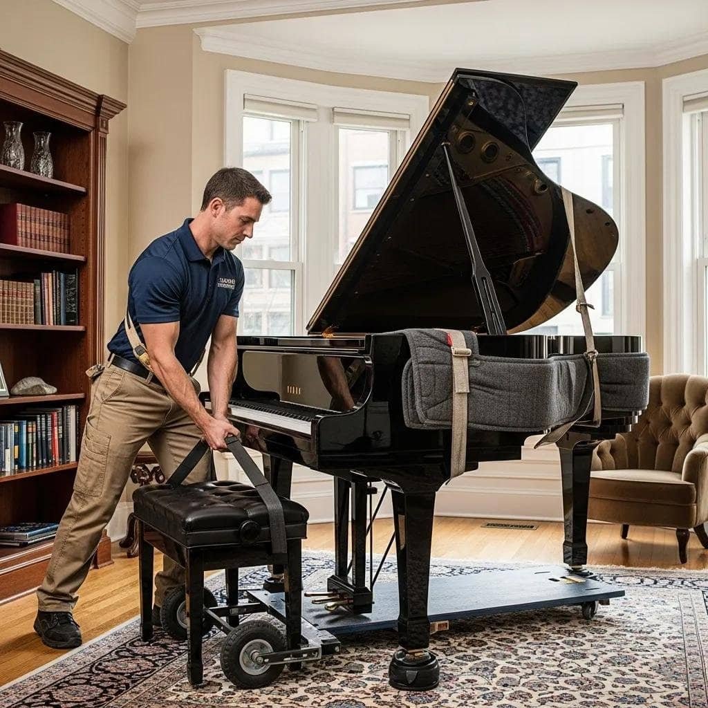 Professional piano mover handling a grand piano in a Boston home