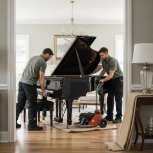 Professional piano movers transporting a grand piano in a spacious living room