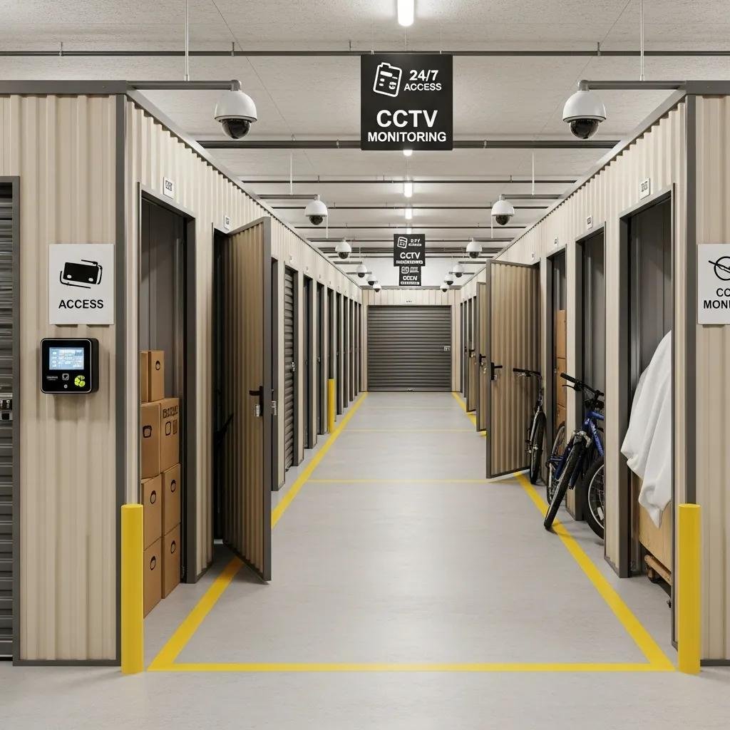 Secure storage facility with organized storage units and surveillance