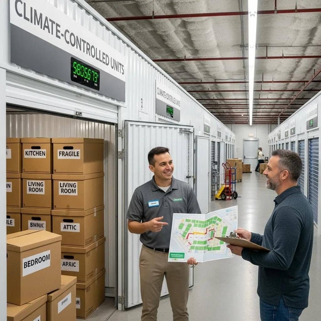Climate-controlled storage units and staff assisting a customer