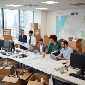Team collaborating on corporate relocation in a Boston office environment
