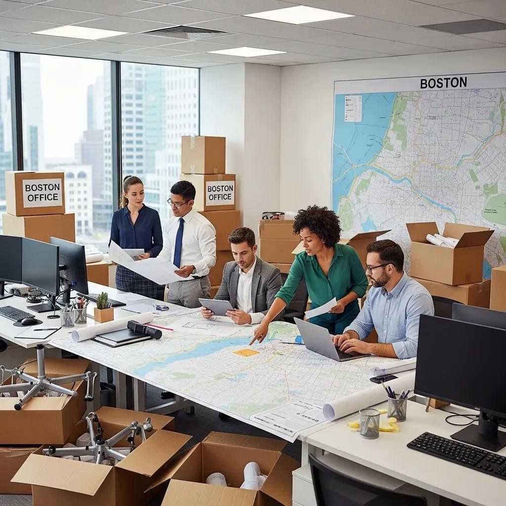 Team collaborating on corporate relocation in a Boston office environment