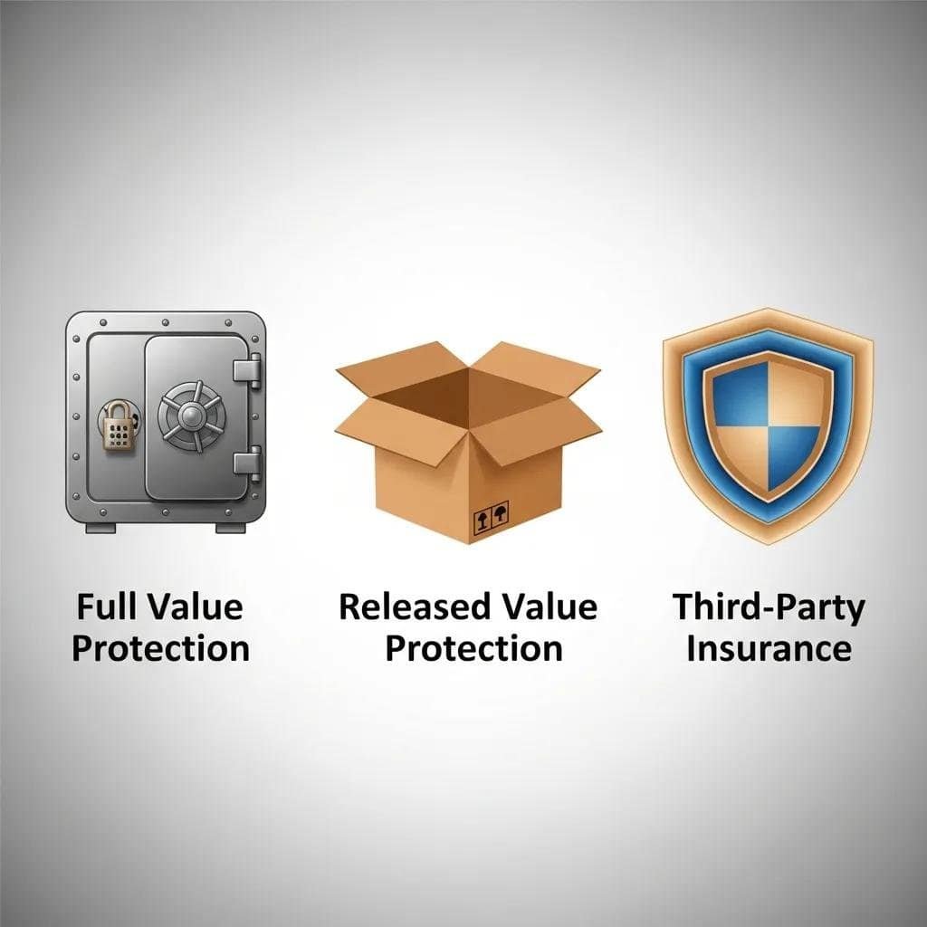 Icons showing Released Value, Full Value, and Third‑Party insurance options for moves