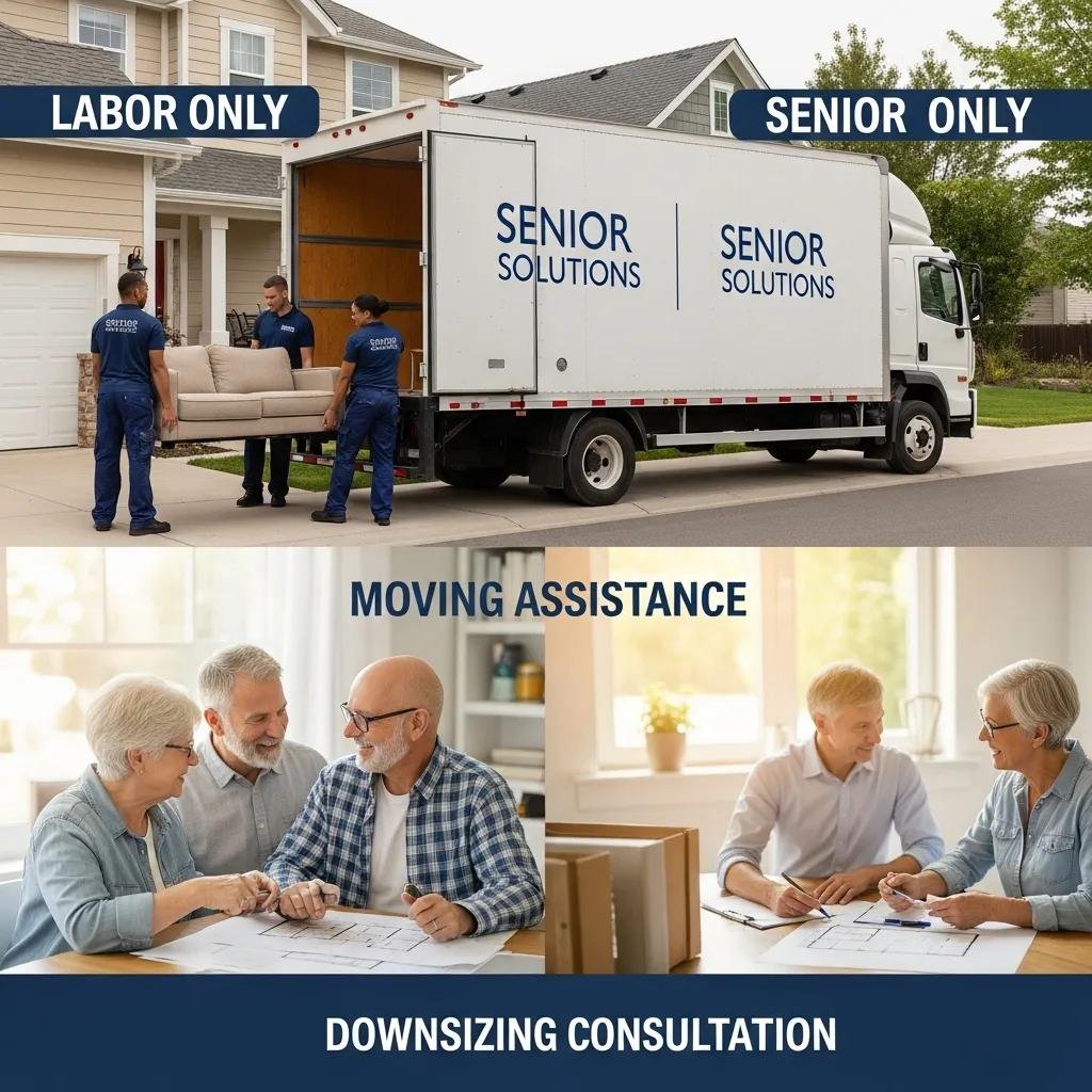 Visual representation of various senior moving assistance options including full-service, labor-only, and downsizing services
