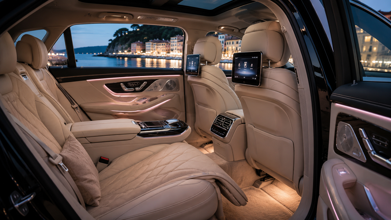 Interno lussuoso di una Mercedes Classe S con sedili in pelle chiara e illuminazione ambientale soffusa, ideale per un viaggio di comfort tra Milano e Portofino. Questo ambiente elegante rappresenta un'esperienza di noleggio con conducente di alta classe, perfetta per turisti e privati in cerca di stile e comodità.