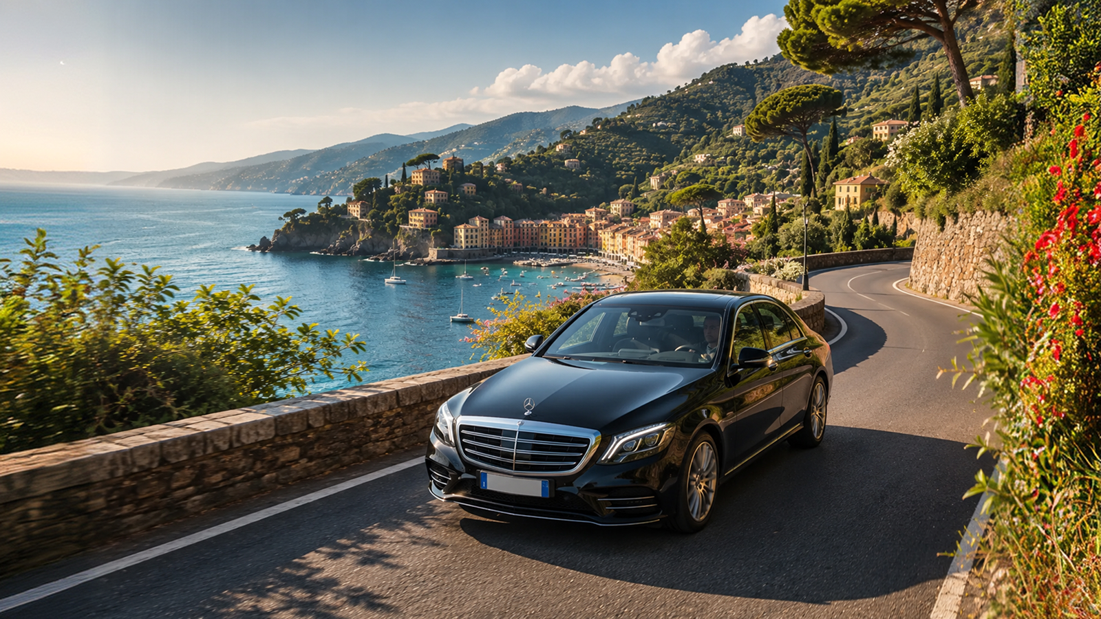 Una berlina Mercedes nera percorre una strada costiera ligure, circondata da lussureggiante vegetazione mediterranea e con il mare che si staglia all'orizzonte. Questa scena rappresenta un elegante viaggio lungo la riviera ligure, ideale per chi cerca un servizio di noleggio con conducente da Milano a Portofino.