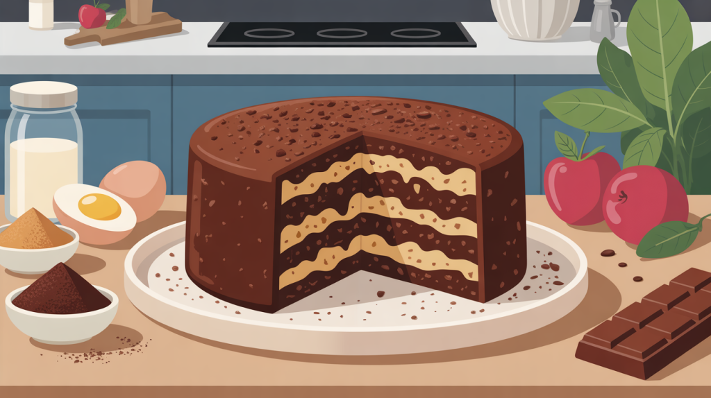 gateau au chocolat proteine sur table moderne avec ingrédients healthy