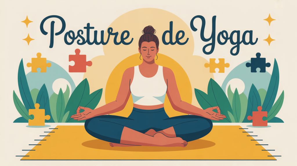 illustration posture de yoga mots fleches sur fond ludique