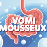 Illustration du vomi de la mousse, estomac stylisé et bulles blanches