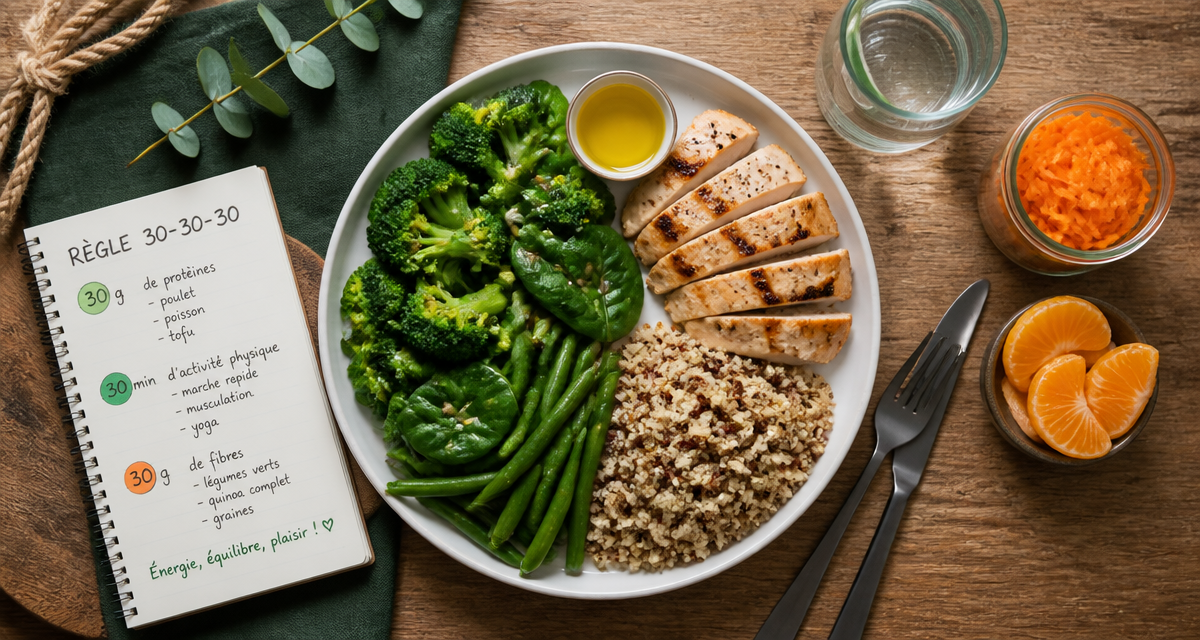 plan alimentaire pour perte de poids assiette 30-30-30 légumes poulet quinoa