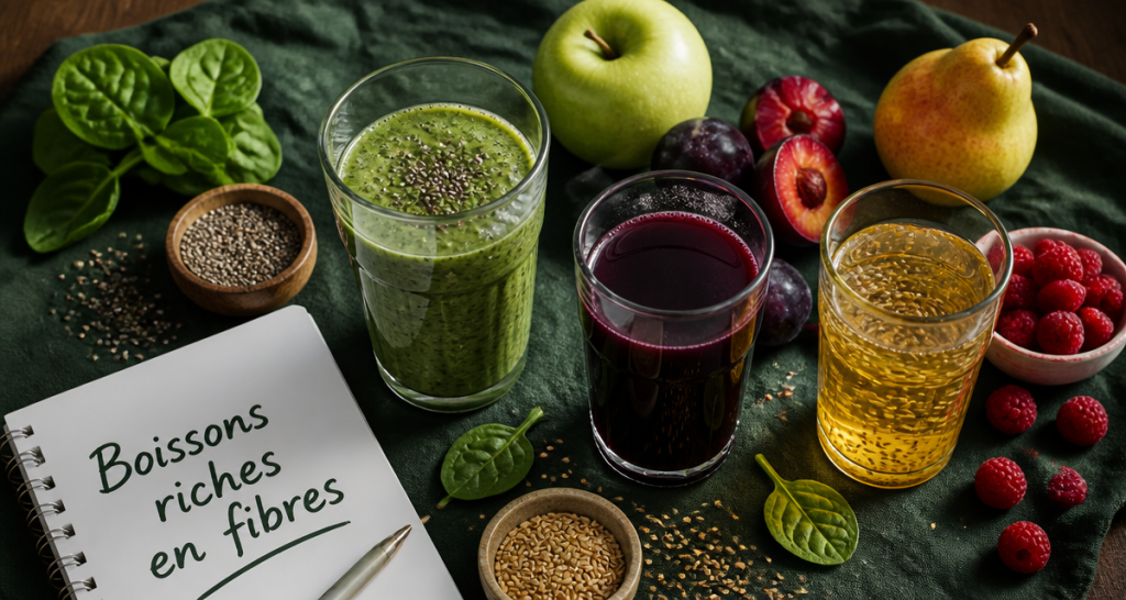 Boisson riche en fibre maison sur table avec fruits