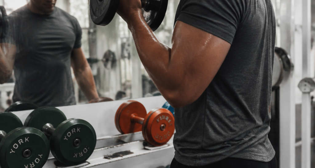 exercice bicep avec haltere devant miroir