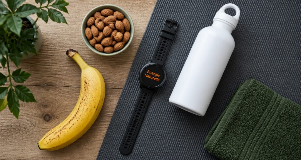 Manger une banane avant le sport sur table avec accessoires sportifs