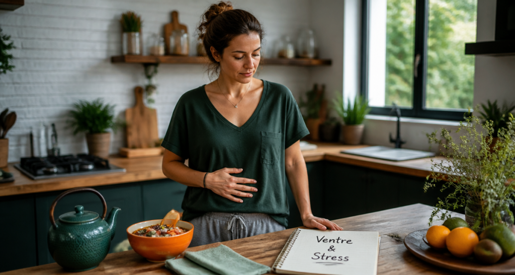 Taux de cortisol eleve et ventre gonfle femme main sur ventre cuisine