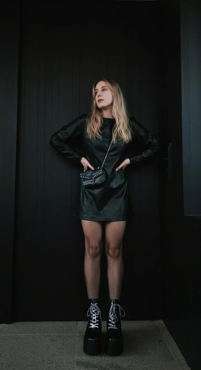 Leather Mini Dress with Fishnet Tights