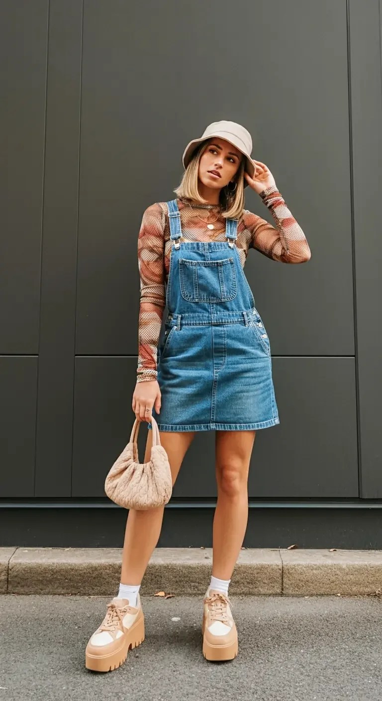 denim Overall Dress with Mesh Top