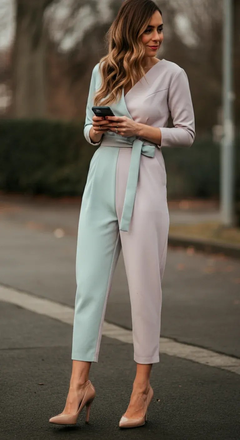 Pastel Jumpsuit with Nude Pumps