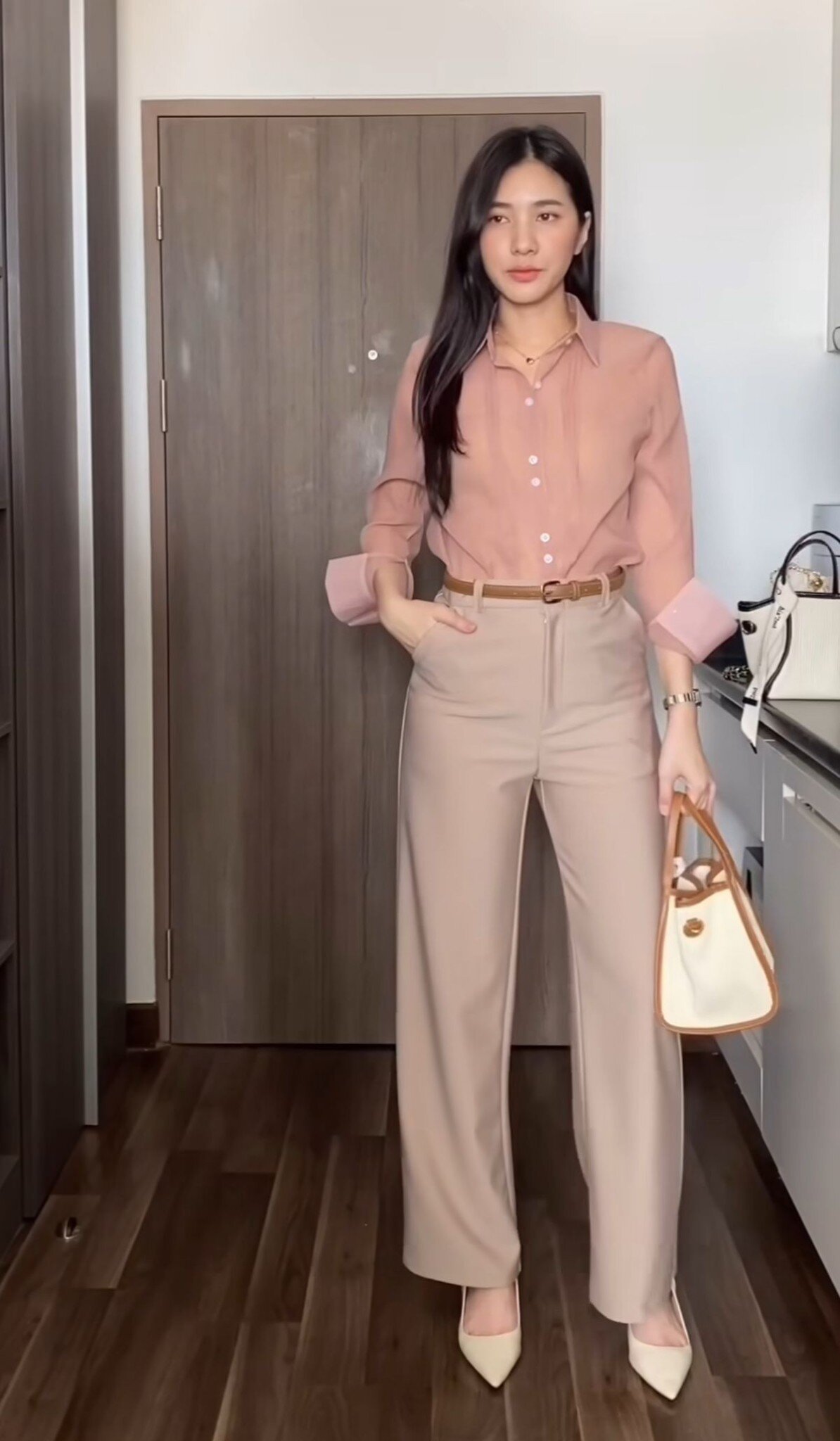 soft Pink Button-Up With Neutral Trousers