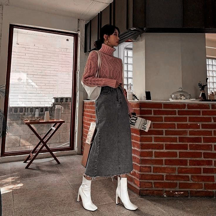 Cozy Turtleneck with Denim Midi Skirt